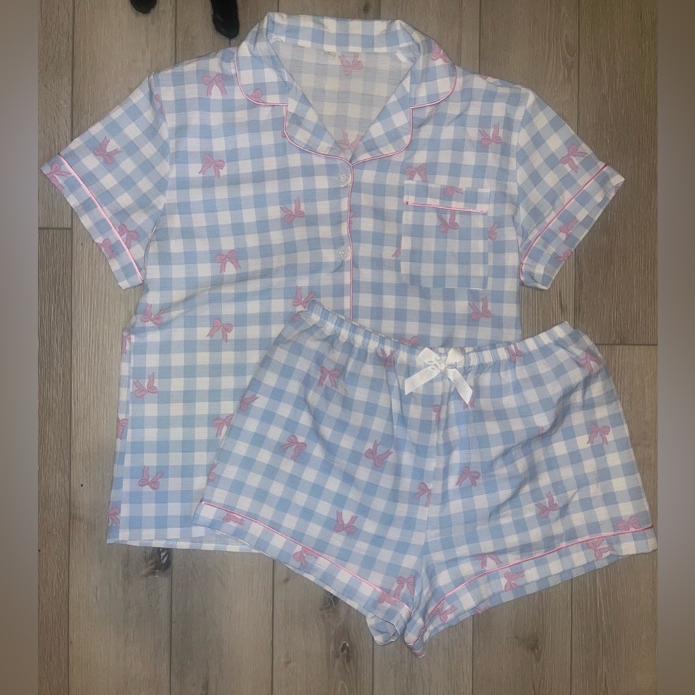 Blue gingham with pink bow pajama set